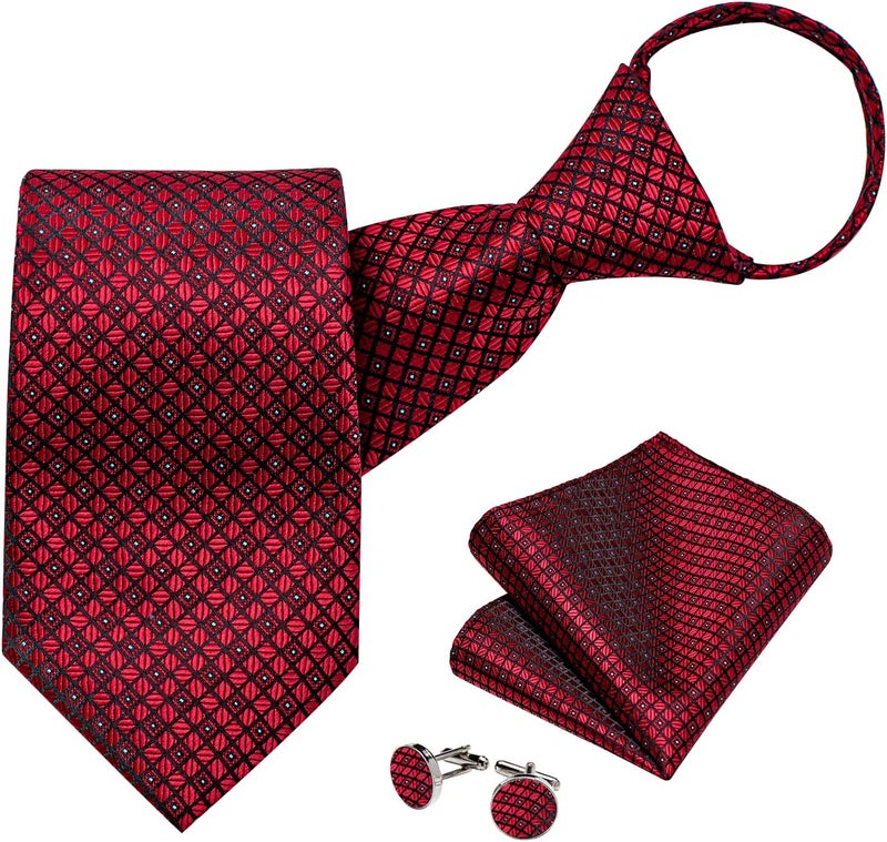 DiBanGu Silk Zipper Ties for Men,Paisley Solid Plaid Pre-tied Tie and Pocket Square Cufflinks Set Formal Adjustable Necktie - Image 1